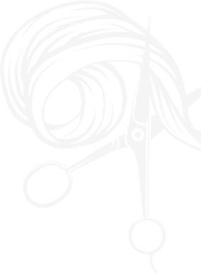 A white drawing of scissors and some hair.